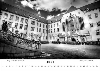 Schwarz-weiß Fotografie der Habsburger Burg in Wiener Neustadt im Juni, mit Blick auf die St. Georgs Kathedrale und der Wappenwand von Kaiser Friedrich, die den Innenhof und die historische Bedeutung des Ortes zeigt.