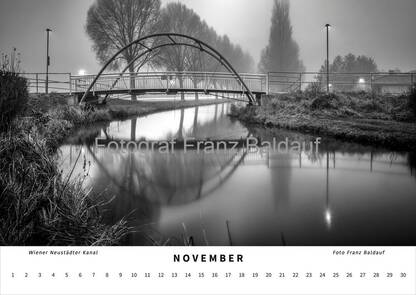 Schwarz-weiß Fotografie des Fritz Schneeweis-Steg über den Wiener Neustädter Kanal im November, die die ruhige Wasseroberfläche und die umgebende Natur in einer nebligen Atmosphäre zeigt.