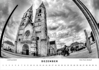 Schwarz-weiß Fotografie des Liebfrauendoms am Domplatz in Wiener Neustadt im Dezember, die die majestätische Fassade der Kirche und Passanten in einer lebendigen städtischen Atmosphäre zeigt.